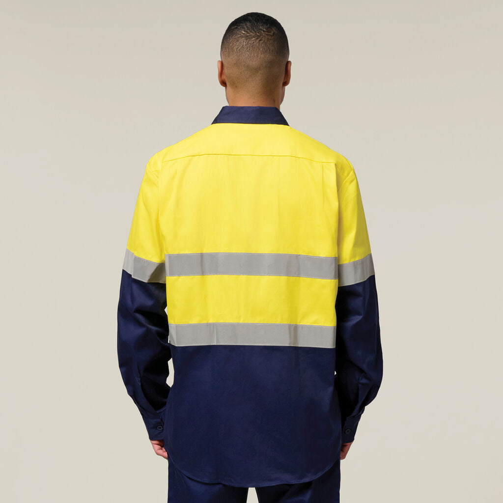  CABJ シャツ XL ネイビー/イエロー Hard Yakka Hi-Vis 2 Tone Long Sleeve Taped Cotton Drill Shirt