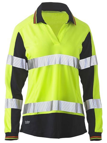 Bisley Womens Long Sleeve Taped Two Tone Hi Vis V-neck Polo (BKL6225T)