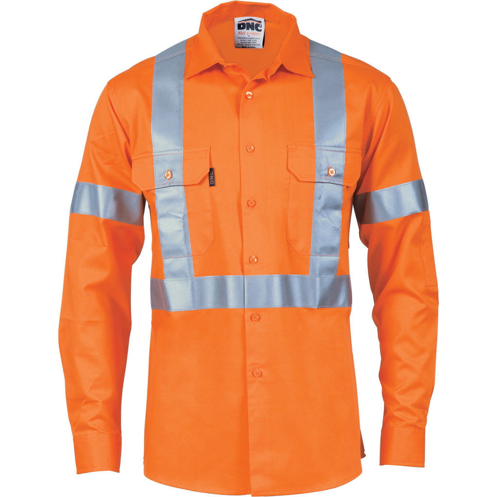 DNC HiVis Cool-Breeze Cotton Shirt with ‘X’ Back & additional 3m R/Tape on Tail L/S (3746)