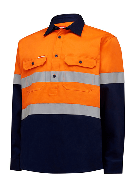 Hard Yakka Hi Vis L/Slv H/Weight Closed Front 2 Tone Cotton Drill Shirt W/Tape (Y04615)